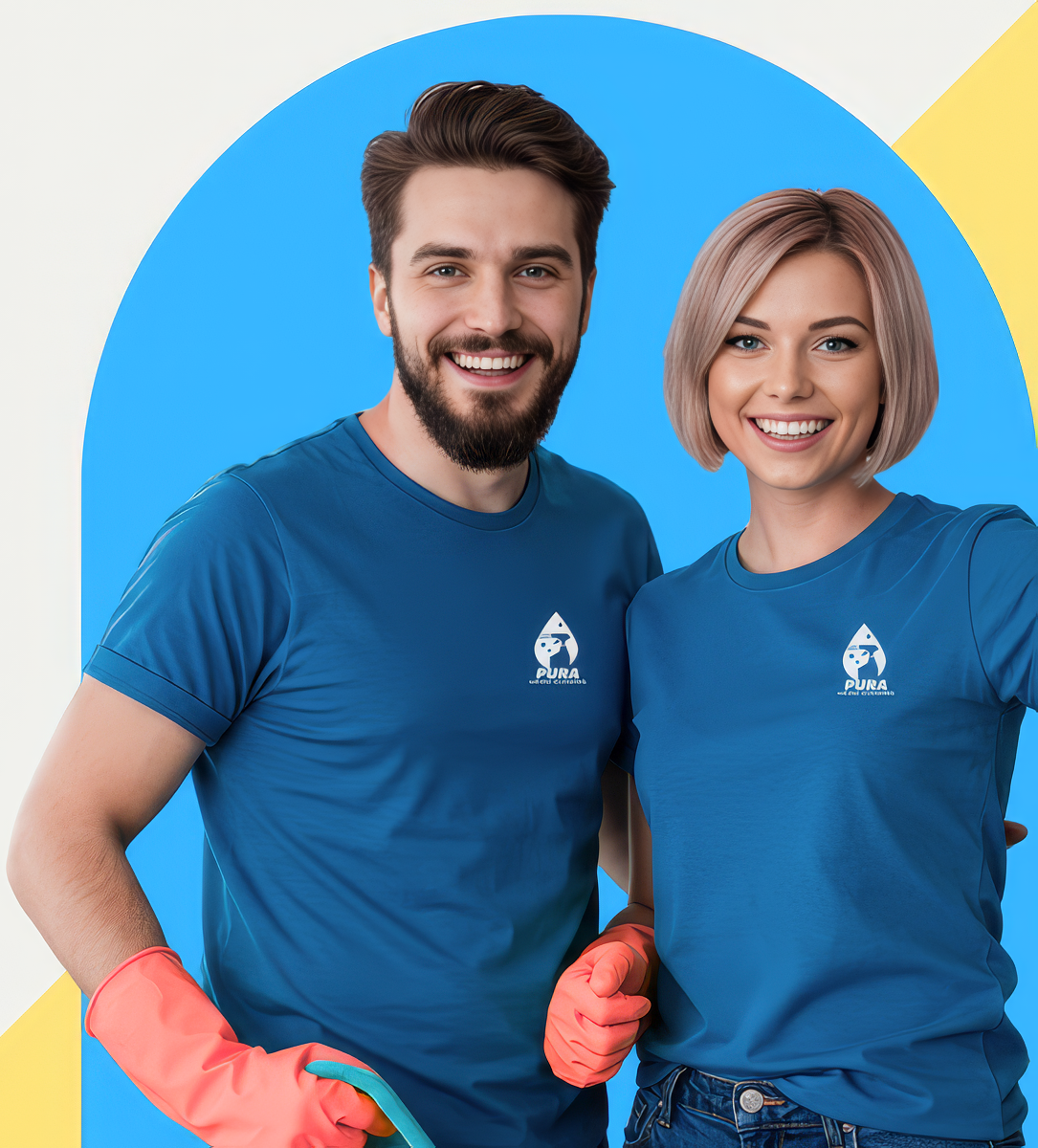 PURA Team - Professional cleaners in blue uniforms smiling